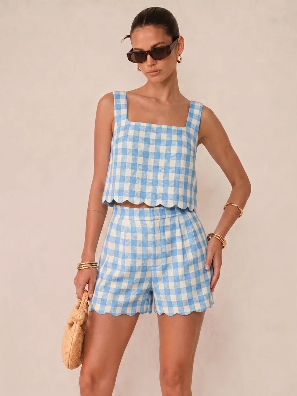 Commense Gingham Scallop Hem Crop Top & Shorts Set